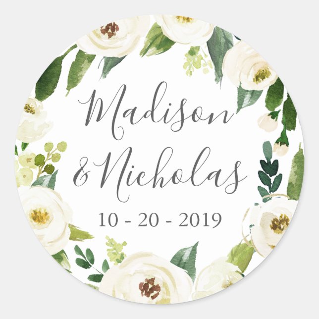 White Flower Green Wedding Envelope Seal Stickers (Front)