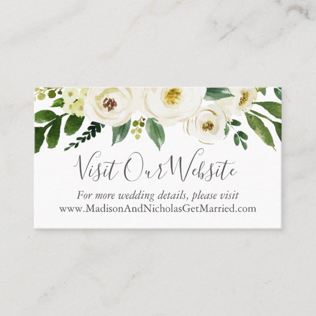 White Flower Green Wedding Website Insert Cards (Front)