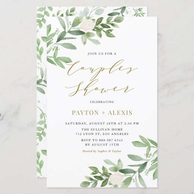 White Flower Greenery Couples Shower Invitation (Front/Back)