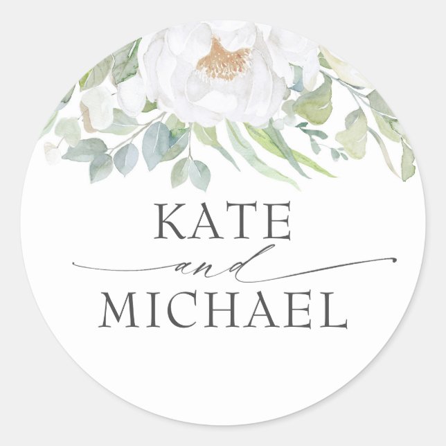 White Flower Greenery Elegant Summer Wedding Classic Round Sticker (Front)
