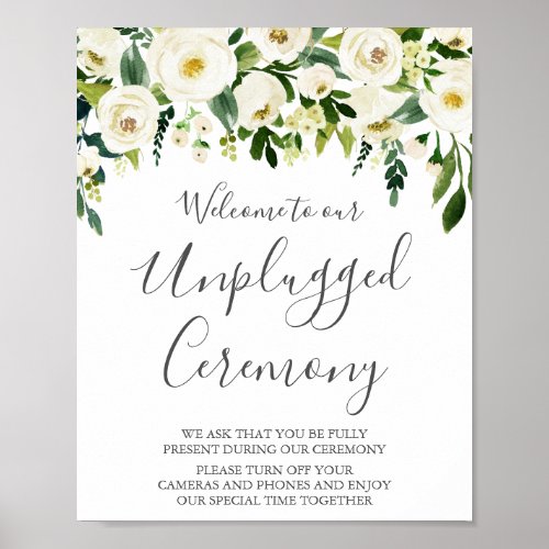 White Flower  Greenery Unplugged Ceremony Sign