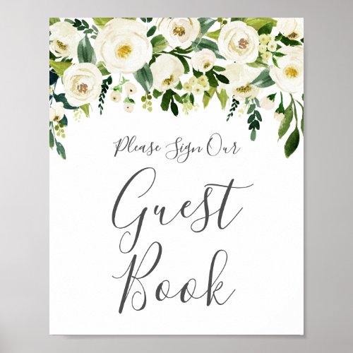 White Flower Greenery Wedding Guest Book Sign