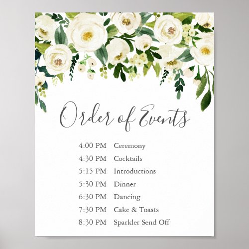 White Flower Greenery Wedding Order of Events Sign