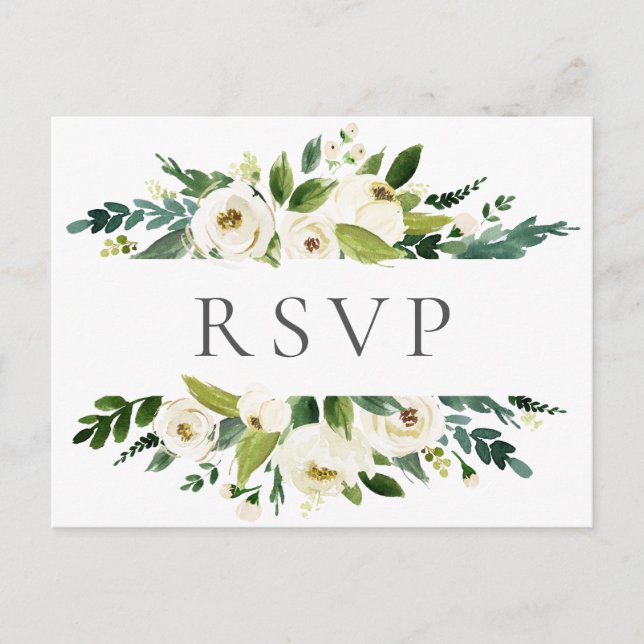 White Flower & Greenery Wedding RSVP Postcards (Front)