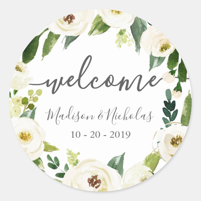 White Flower Greenery Wedding Welcome Stickers (Front)