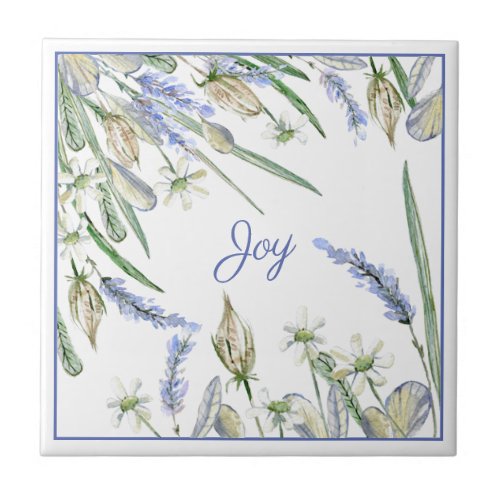 White Flower Lavender Floral Greenery Ceramic Tile