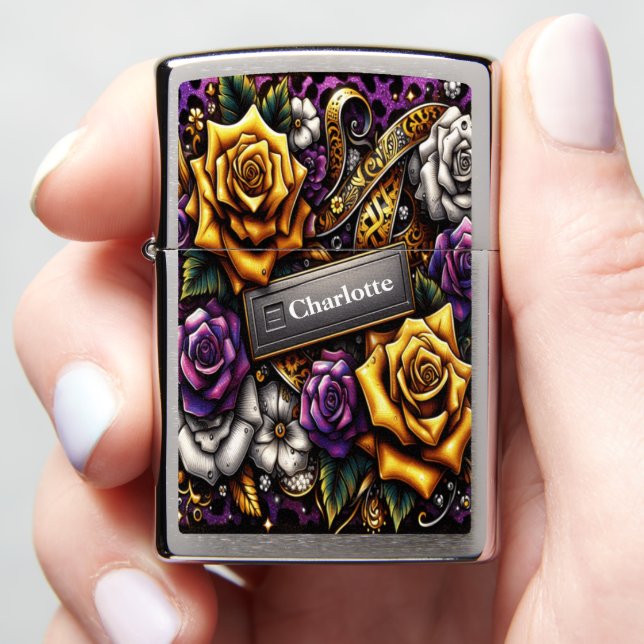 White Flower Leopard Decor: Tattoo Art Zippo Lighter (In Hand)