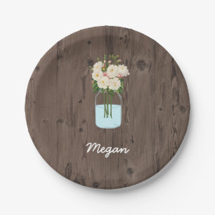 White Flower Mason Jar on Dark Wood Paper Plates
