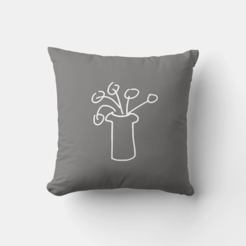 White flower modern simple outline art on grey throw pillow