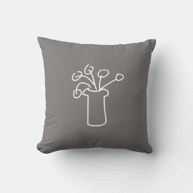 White flower modern simple outline art on grey throw pillow (Front)