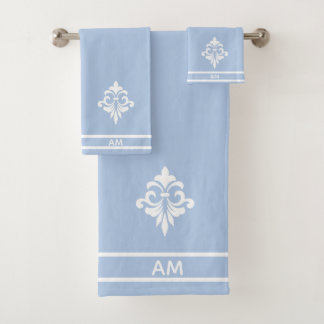 White Flower, Monogram and Stripes on Light Blue Bath Towel Set