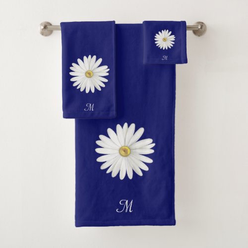 White Flower  Monogram on Navy Blue Bath Towel Set