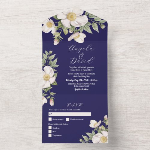 White Flower Navy Elegant Wedding Invite  RSVP