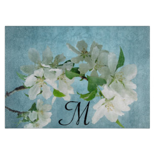 White Flower on Blue Monogram Glass Cutting Board