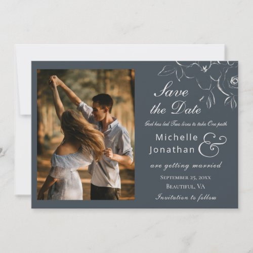 White Flower Outline on Navy Photograph Wedding Save The Date