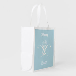 White Flower Pastel Blue Easter Grocery Bag