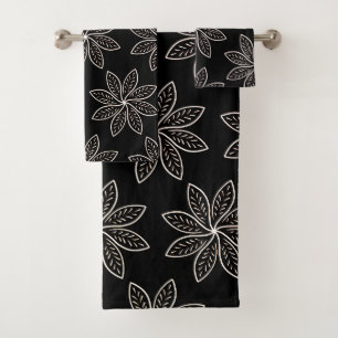 White Flower Pattern on Black Bath Towel Set