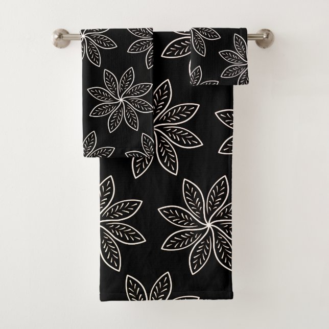 White Flower Pattern on Black  Bath Towel Set (Insitu)