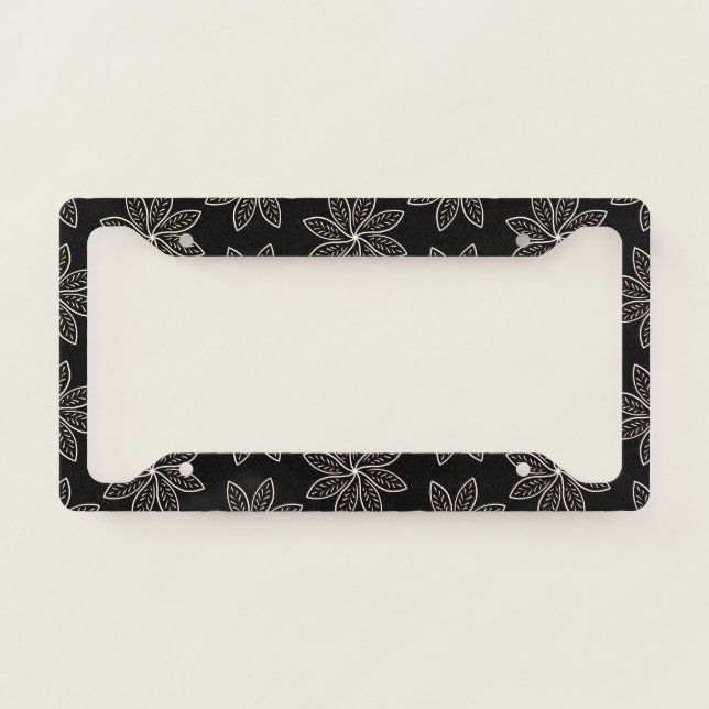 White Flower Pattern on Black  License Plate Frame (Front)