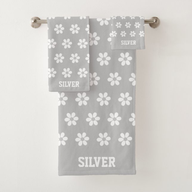 White Flower Pattern on Light Gray Personalized Bath Towel Set (Insitu)