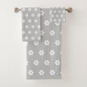White Flower Pattern on Light Silver Gray Bath Towel Set