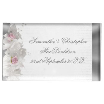 White Flower Pink Rose And Silver Wedding Table Number Holder by personalized_wedding at Zazzle