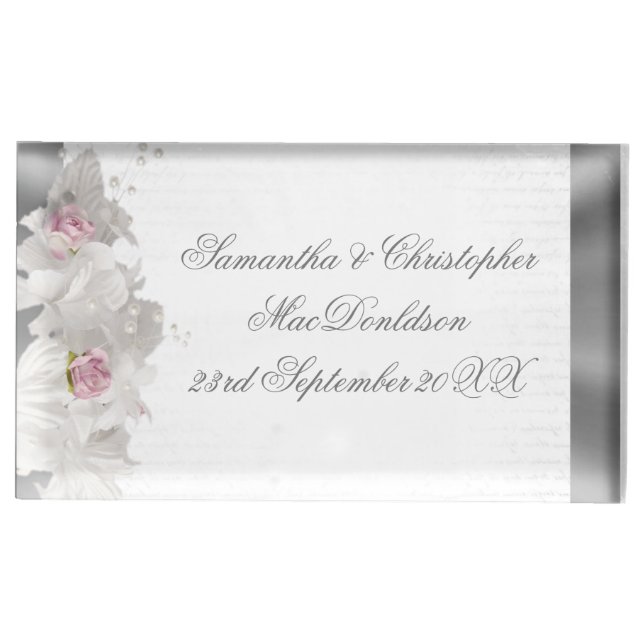 White flower pink rose and silver wedding table number holder (Front)