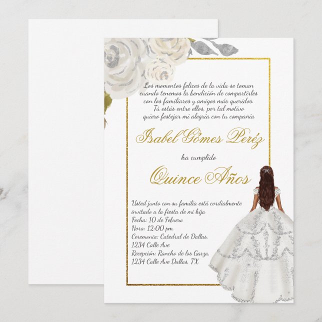 White flower Quince invitation in Spanish (Front/Back)