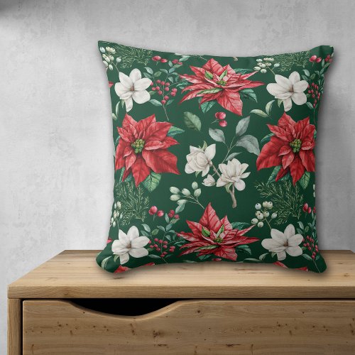 White Flower Red Poinsettia Christmas Pattern Throw Pillow