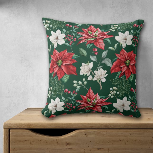 White Flower Red Poinsettia Christmas Pattern Throw Pillow (Creator Uploaded)