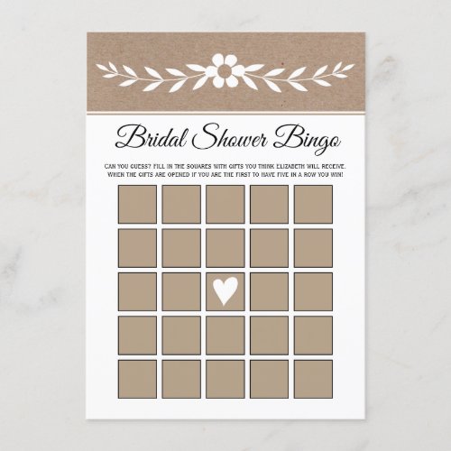 White flower rustic kraft paper bridal bingo card