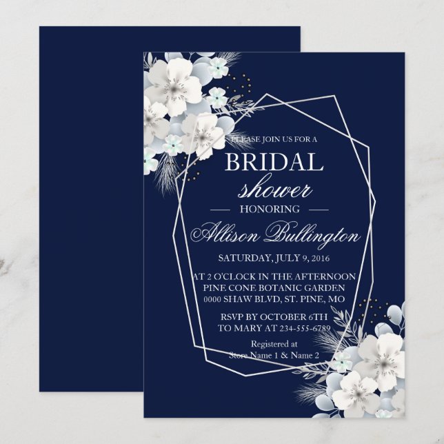 White flower sakura navy blue Bridal Shower Invitation (Front/Back)