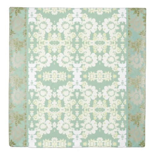 White Flower Seafoam on Sea Green Duvet Cover