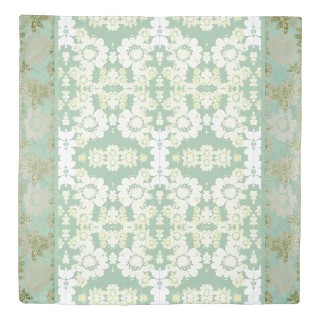 White Flower Seafoam on Sea Green Duvet Cover (Front)