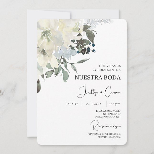 White flower Spanish Wedding Invitation (Front)