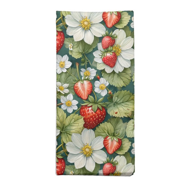 White Flower & Strawberry Cloth Napkin (Folded)
