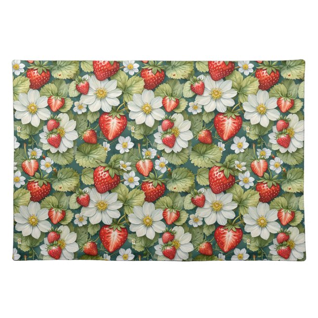White Flower & Strawberry Cloth Placemat (Front)