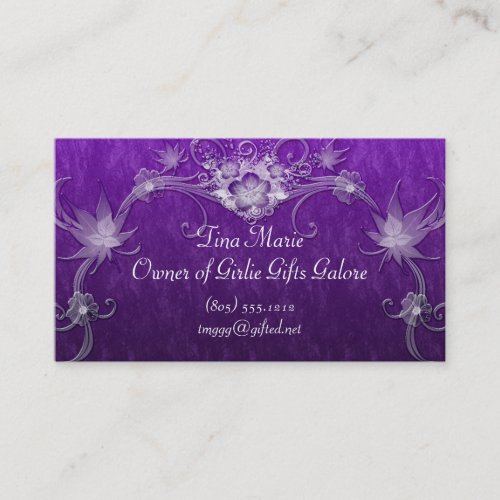 White Flower Swirls On Purple Business Card Template