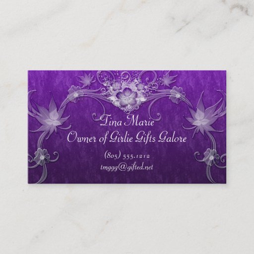 Customizable White Flower Swirls On Purple Business Card Template