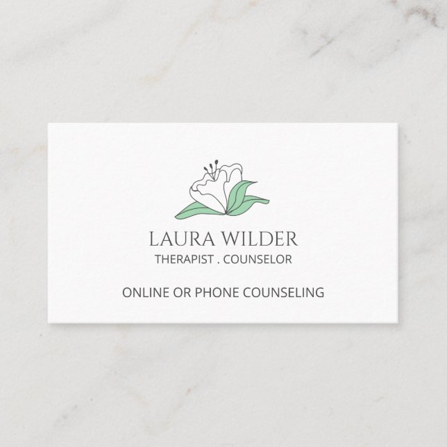 White Flower Therapist Counselor By Phone Online Business Card (Front)
