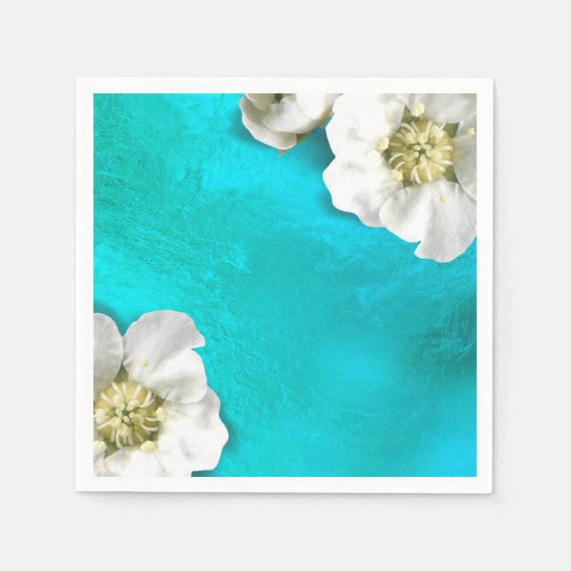 White Flower Tiffany Aqua Glass Metallic Delicate Paper Napkins (Front)
