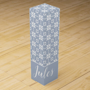 White Flower Tiled Pattern on Dusty Blue Add Name Wine Box