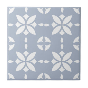 White Flower Tiled Pattern on Dusty Blue Ceramic Tile