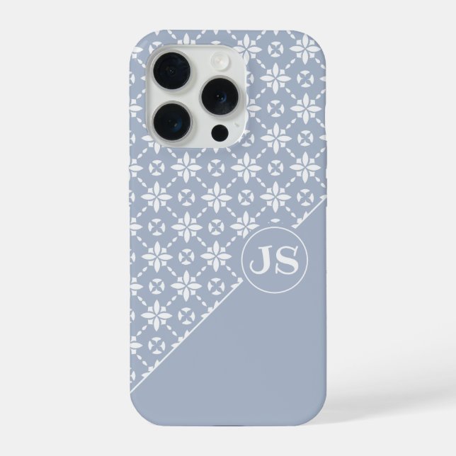 White Flower Tiled Pattern on Dusty Blue iPhone Case (Back)