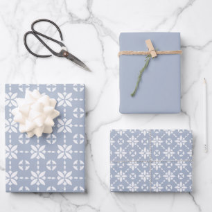 White Flower Tiled Pattern on Dusty Blue Wrapping Paper Sheets