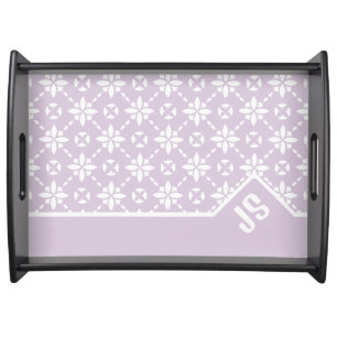 White Flower Tiled Pattern on Pink Border Monogram Serving Tray