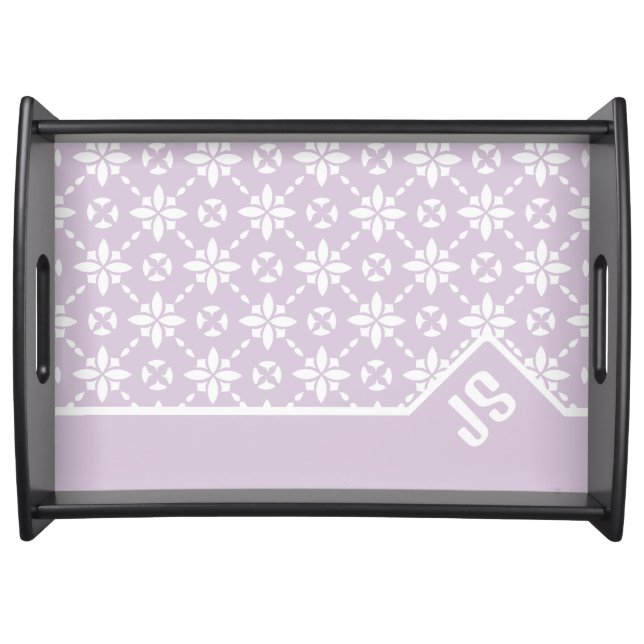 White Flower Tiled Pattern on Pink Border Monogram Serving Tray (Front)