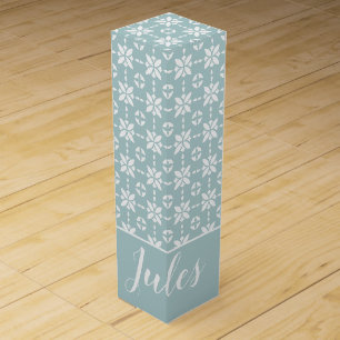 White Flower Tiled Pattern on Sage Add Name Wine Box
