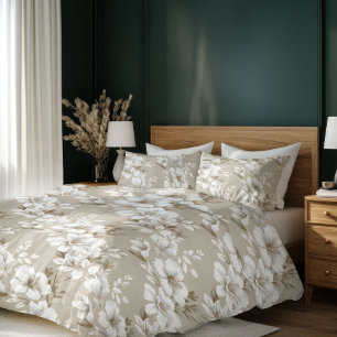 White flower tropical beige taupe boho duvet cover