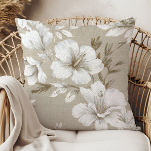 White flower tropical beige taupe elegant boho throw pillow